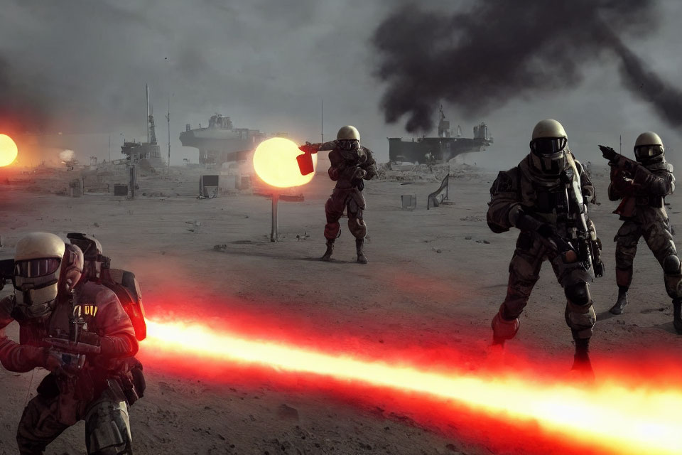 Futuristic soldiers battle with energy weapons in war-torn landscape
