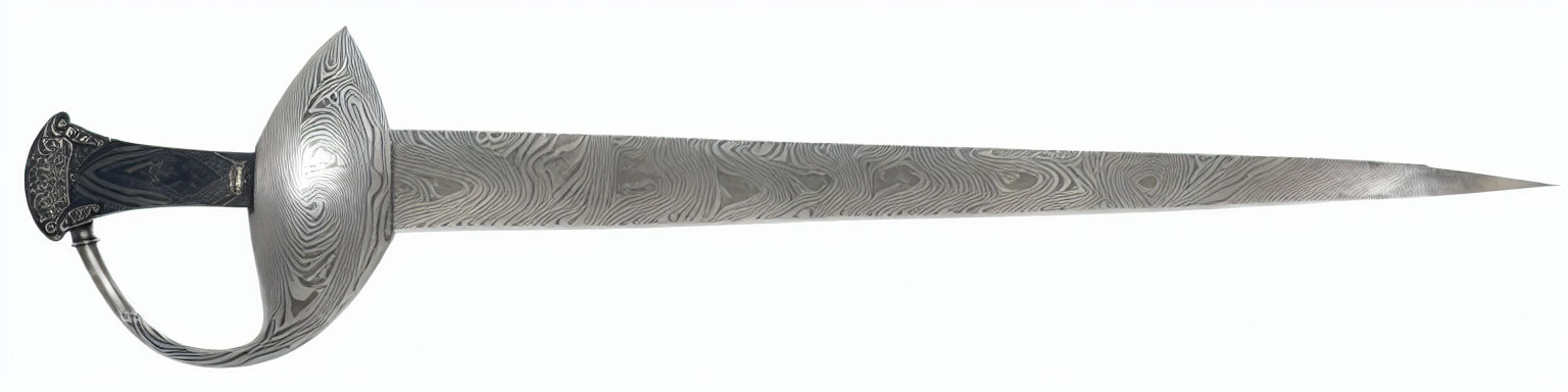 Patterned Damascus Steel Sword with Intricate Guard and Tapered Tip