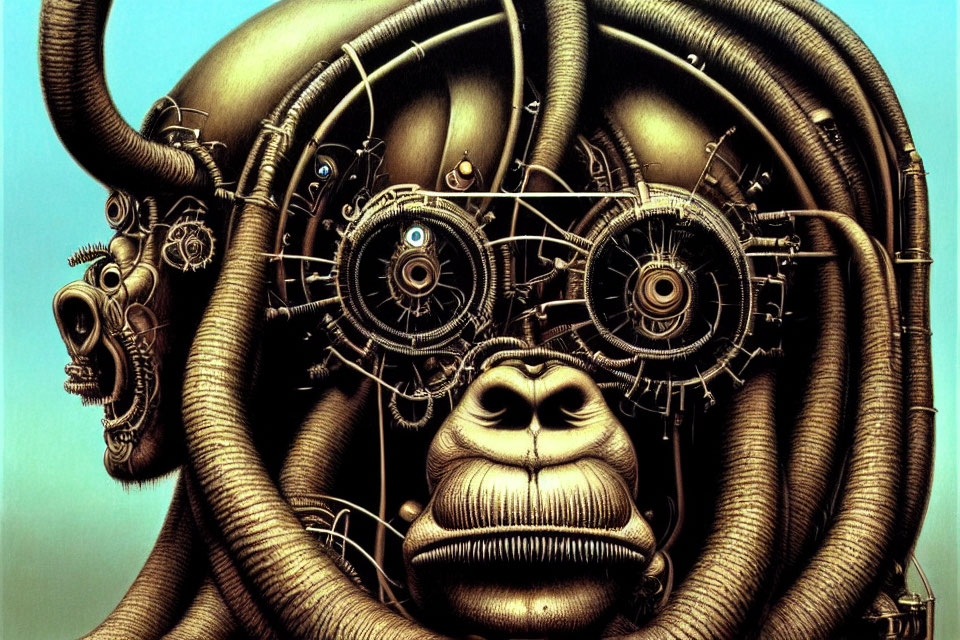 Steampunk-style ape illustration with mechanical features on teal background