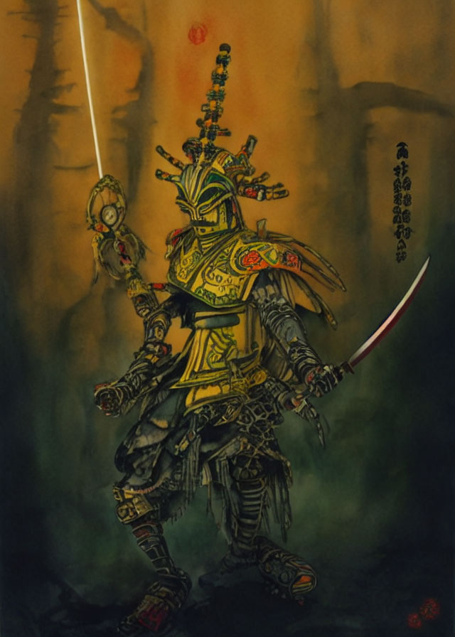 Samurai warrior in ornate armor with katana in mystical forest scene.