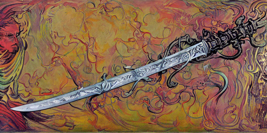 Intricate ornate sword on swirling multicolored background