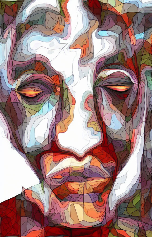Abstract portrait with geometric designs and serene expression