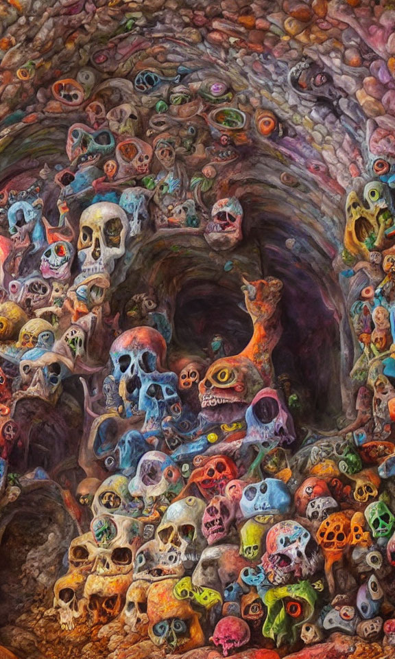 Vivid surreal painting of cave with ornate stacked skulls