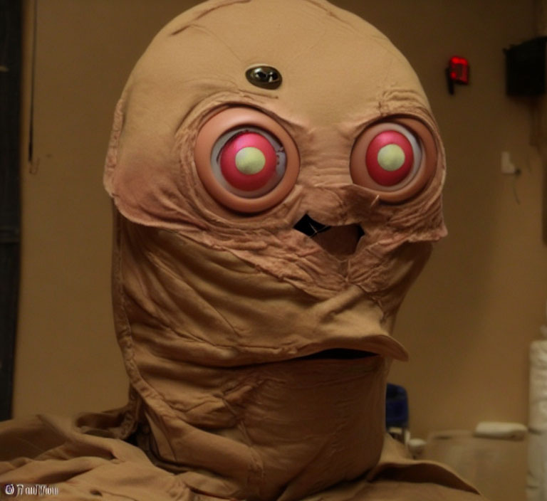 Wrinkled flesh-toned mask with oversized red-rimmed eyes