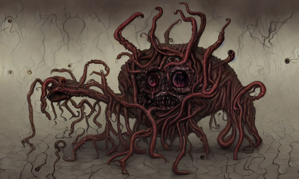 Monstrous tentacled creature with large eyes in shadowy landscape