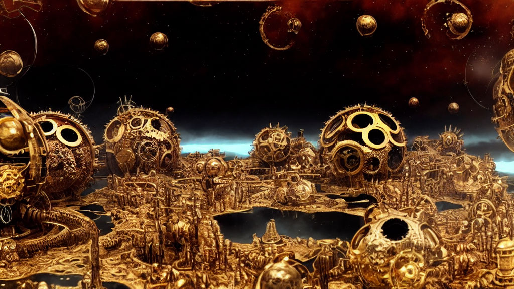 Surreal landscape with golden mechanical structures and starry sky