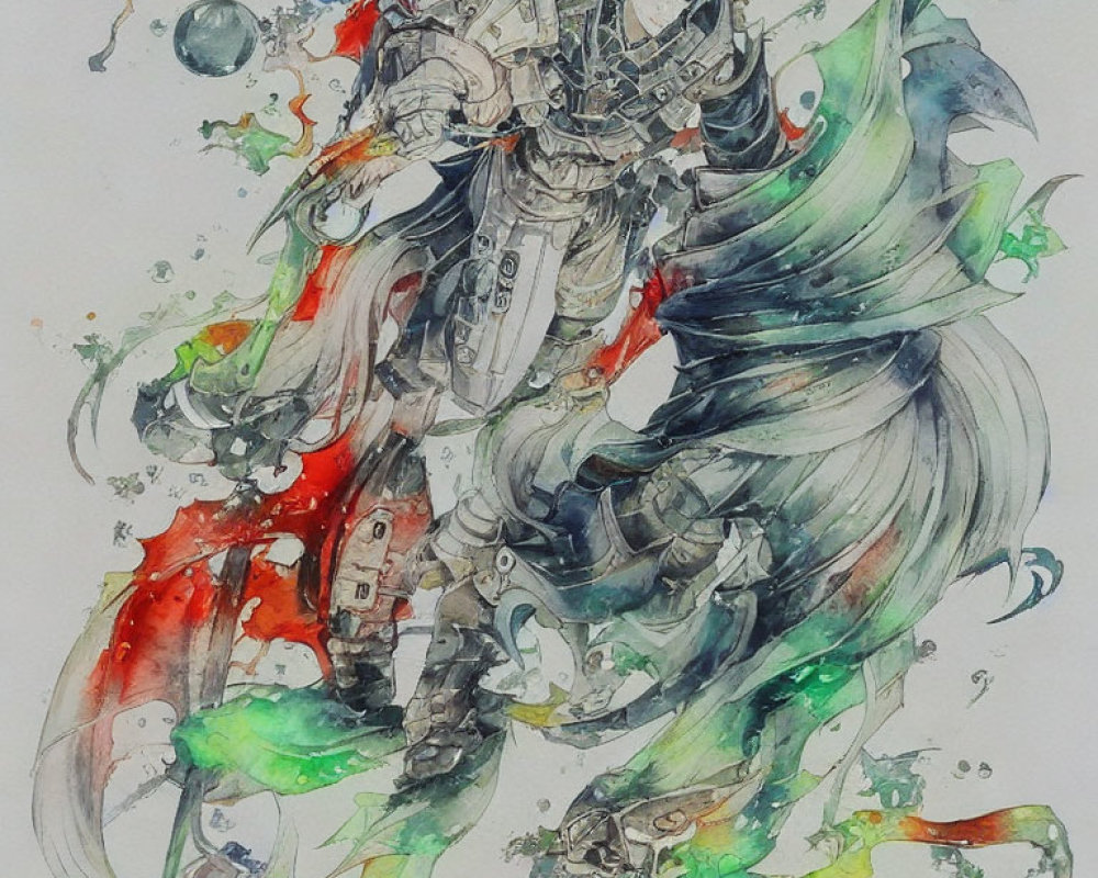 Knight Watercolor Illustration with Dynamic Cape & Elemental Magic Splashes