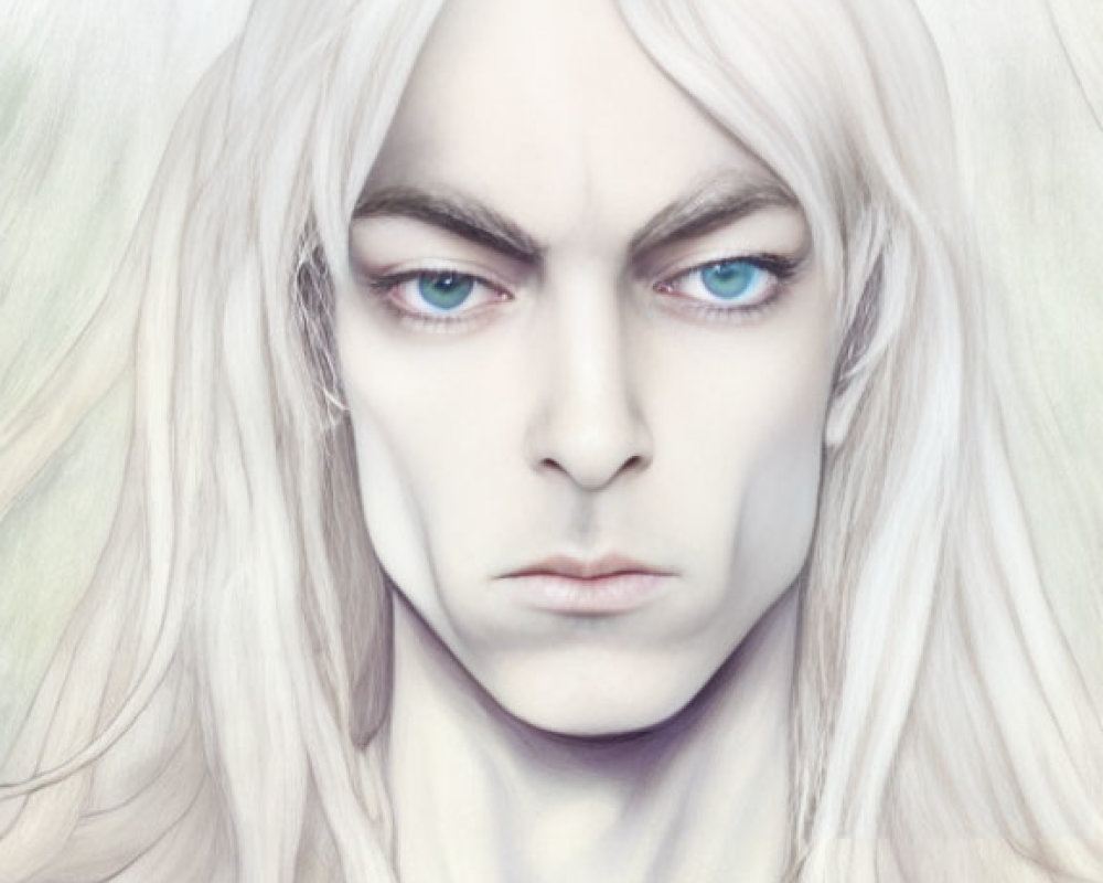 Fantasy character portrait with pale skin, blue eyes, and white hair