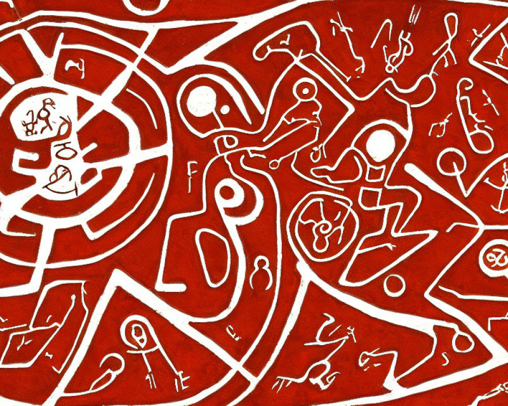 Red and White Abstract Maze Drawing with Human Figures and Symbols