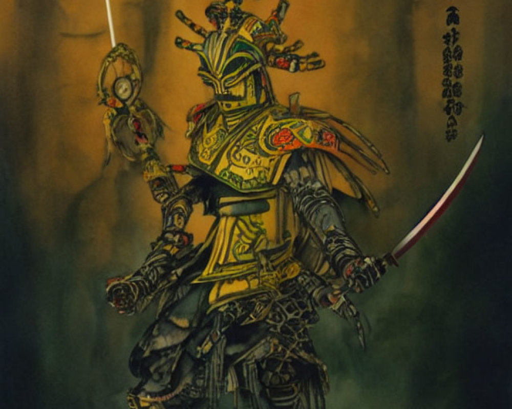 Samurai warrior in ornate armor with katana in mystical forest scene.