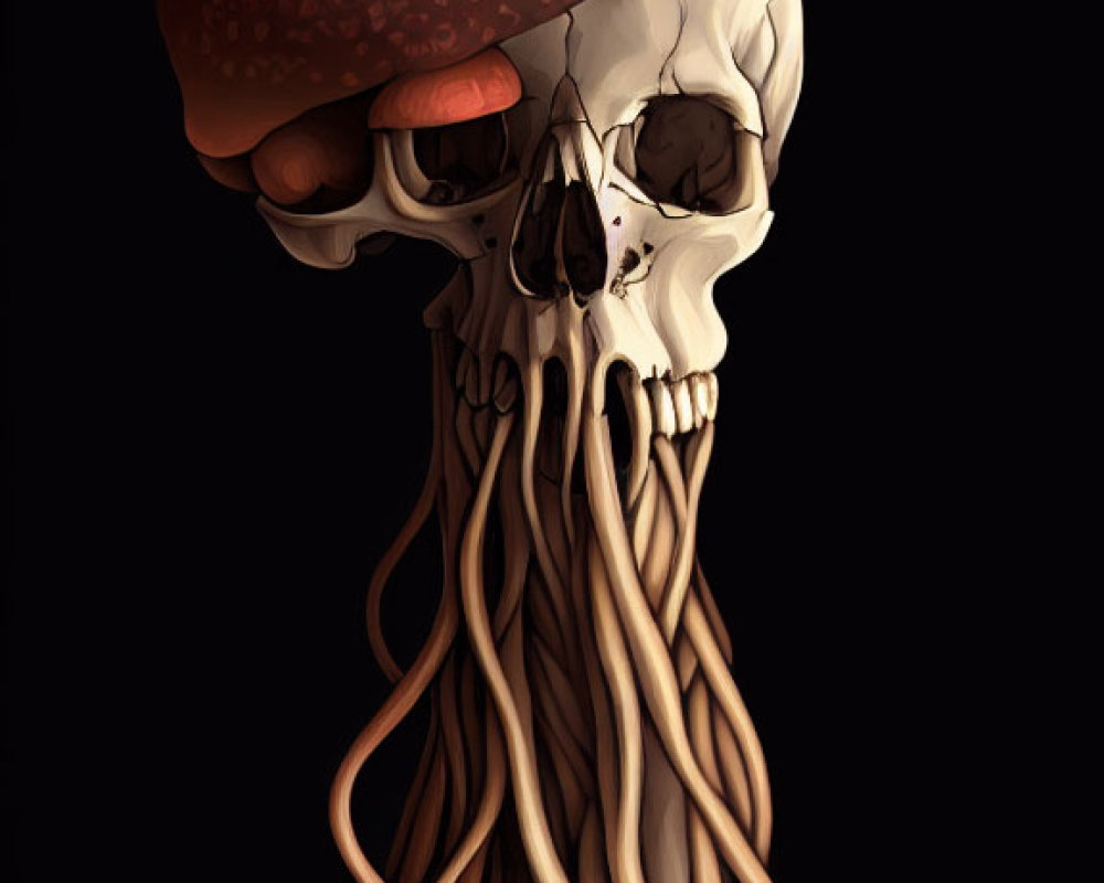 Surreal human skull with oversized brain and noodle-like tendrils on black background