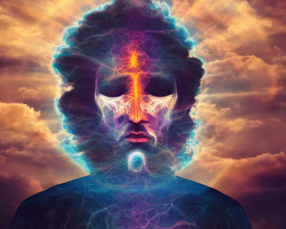 Vibrant surreal image of person with electrifying aura and energy patterns against dramatic sky