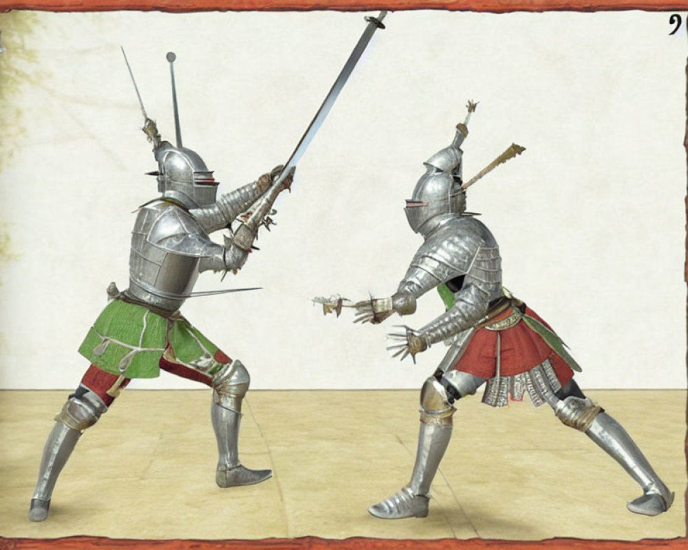 Medieval knights in full armor sword duel on aged parchment background