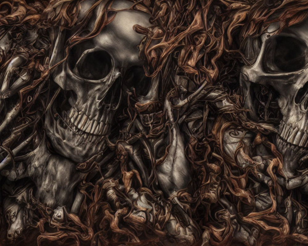 Dark Art: Two Skulls Intertwined with Twisted Branches