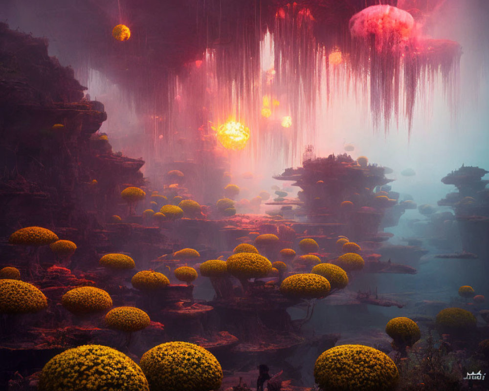 Mystical landscape with glowing orbs, jellyfish-like creatures, yellow-domed flora, and sil