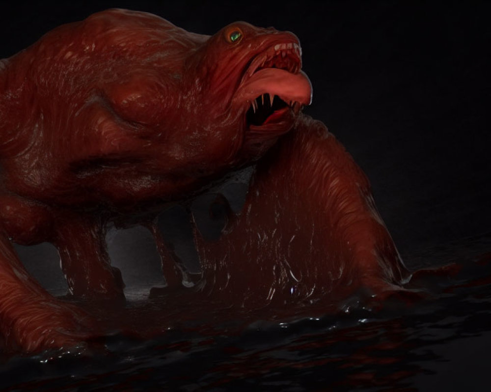 Red menacing creature with sharp teeth emerges from dark surface