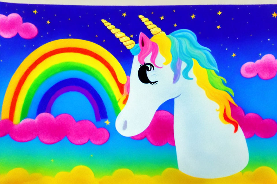Whimsical unicorn with rainbow mane and golden horns in colorful illustration