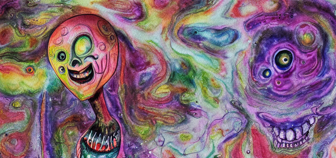 Vibrant Psychedelic Painting with Cartoon Faces