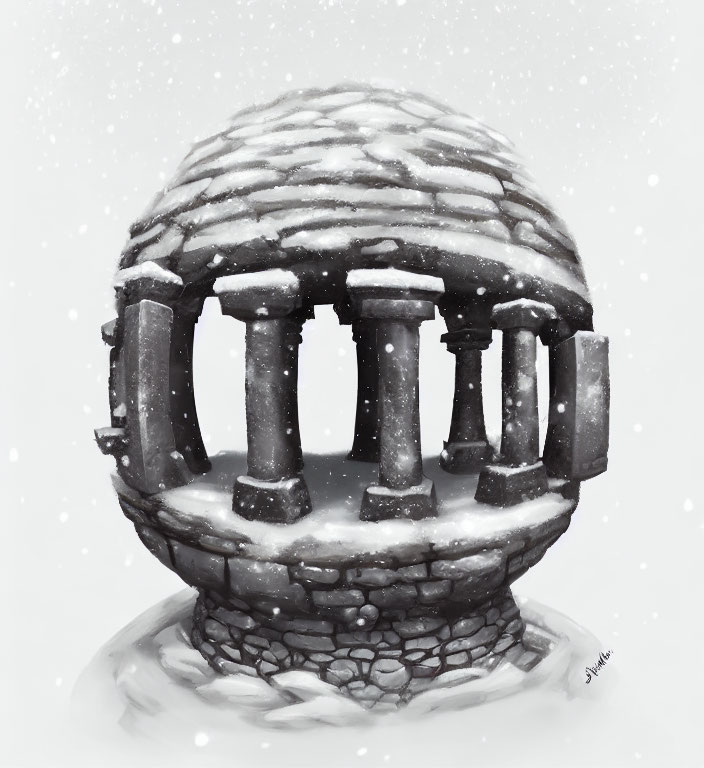 Monochrome illustration of snow-covered ancient stone ruins.