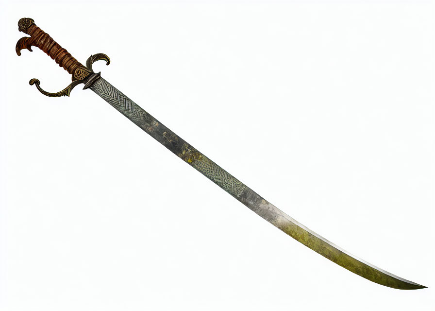 Medieval sword with curved cross-guard, intricate blade patterns, and lion head pommel