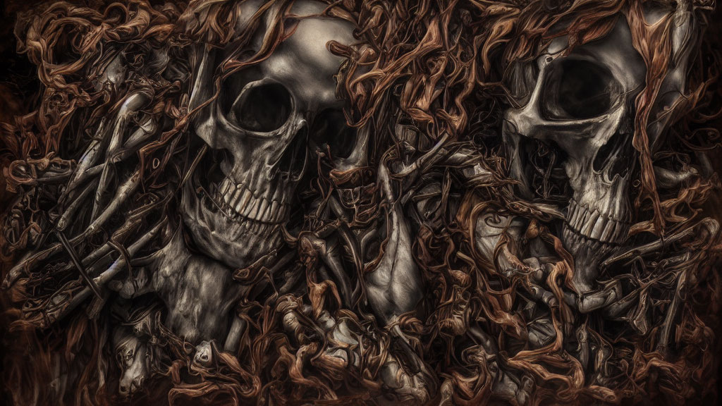 Dark Art: Two Skulls Intertwined with Twisted Branches