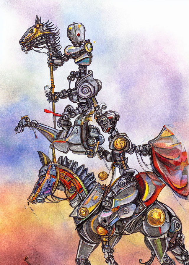 Robot knight on mechanical horse in whimsical drawing