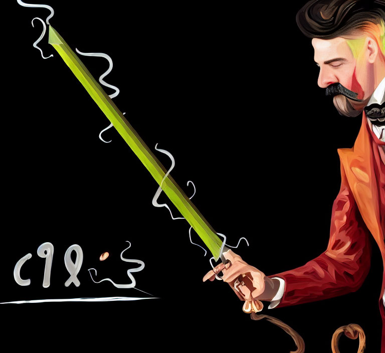 Stylized illustration of man with mustache in red jacket holding glowing green sword
