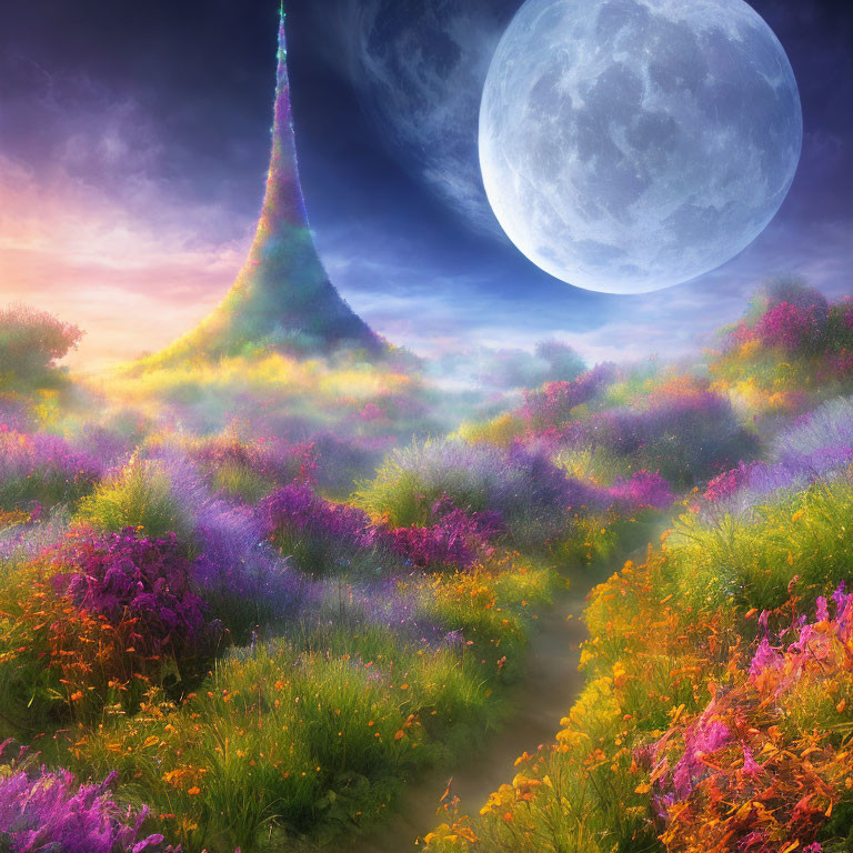 Fantasy landscape with moonlit path and glowing tower