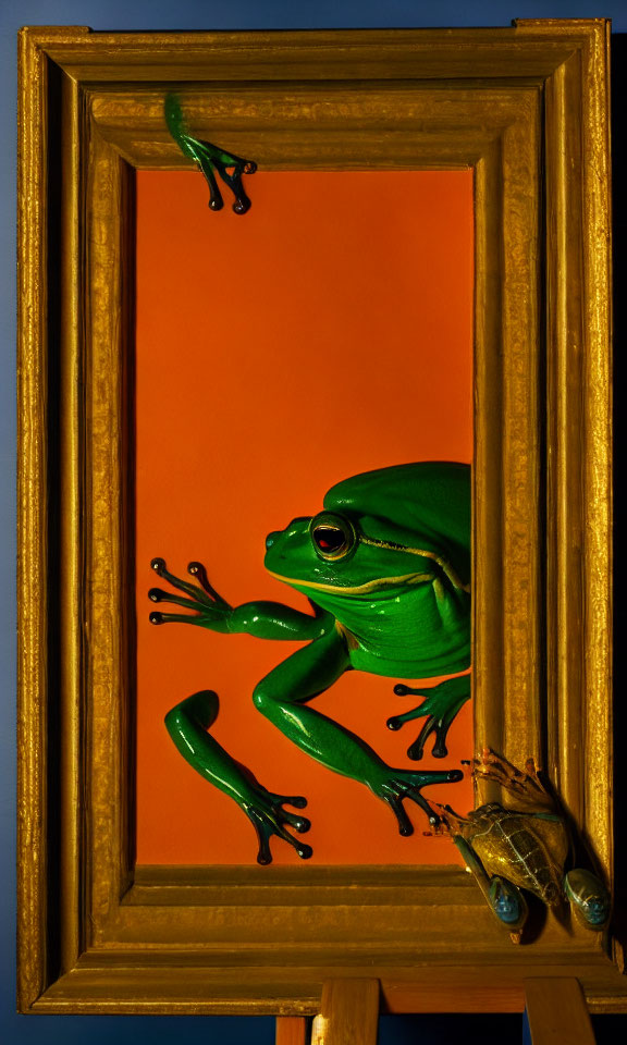 Green frog climbing out of golden frame on orange backdrop