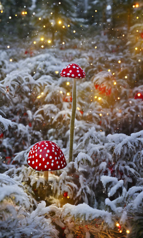 Red and White Spotted Mushrooms in Frosty Evergreen Scene