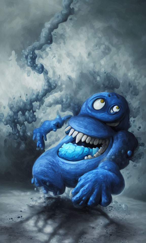 Blue cartoon monster with large eyes and smile on dark, smoky background
