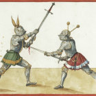 Medieval knights in full armor sword duel on aged parchment background