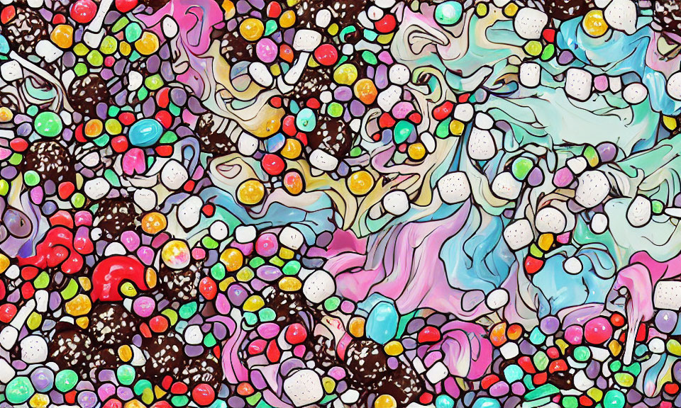 Colorful Abstract Painting with Marbled Textures and Candy-Like Patterns