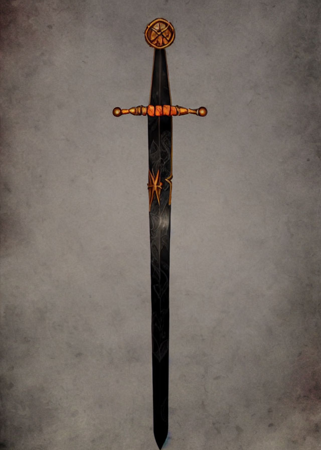 Golden hilt sword with circular emblem and star design on blade