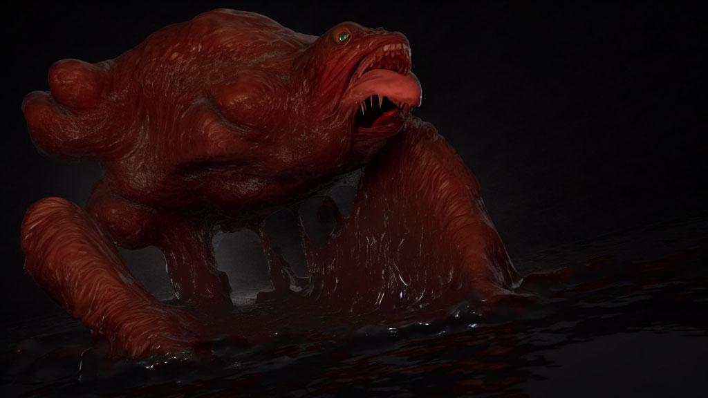 Red menacing creature with sharp teeth emerges from dark surface