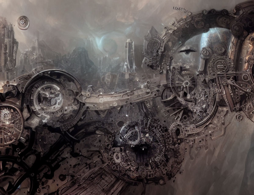 Dystopian Landscape with Intricate Machinery and Cybernetic Structures