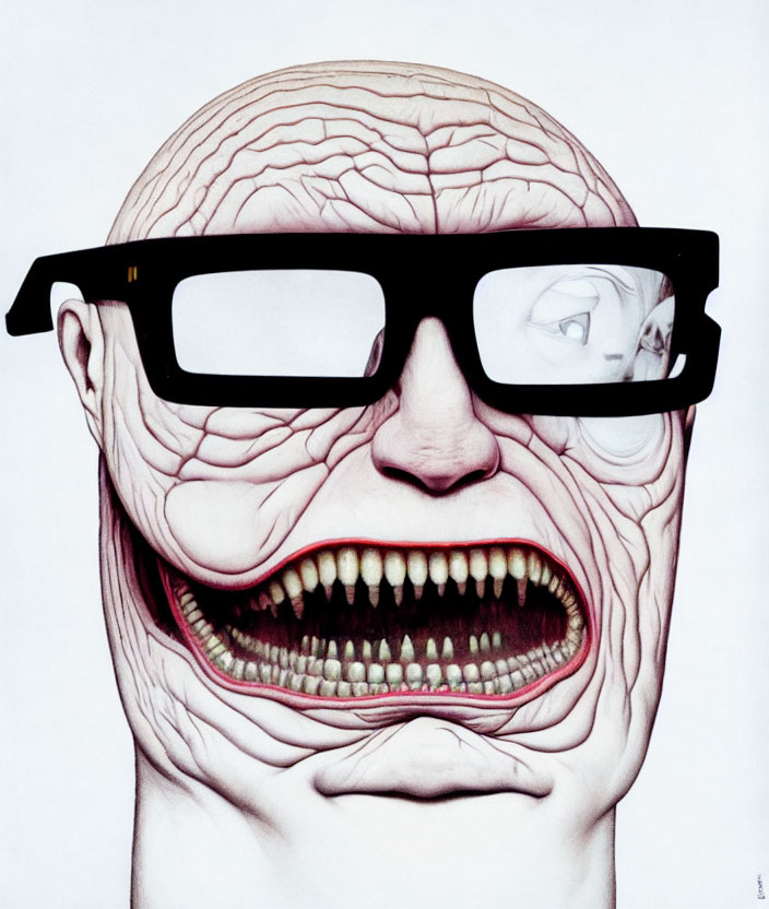Surreal artwork: head with exposed muscles and toothy mouth, wearing thick-framed glasses.