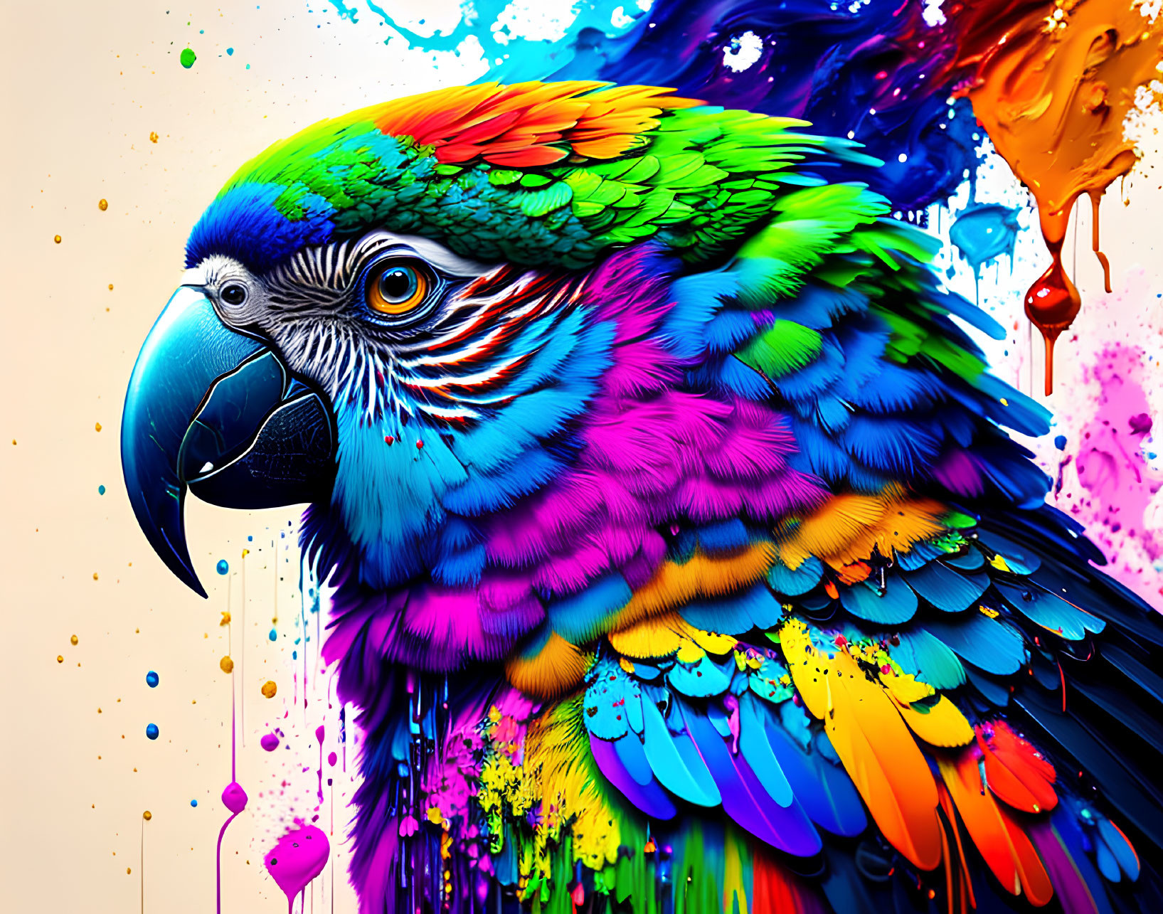 Colorful Parrot Artwork with Dripping Paint Effect