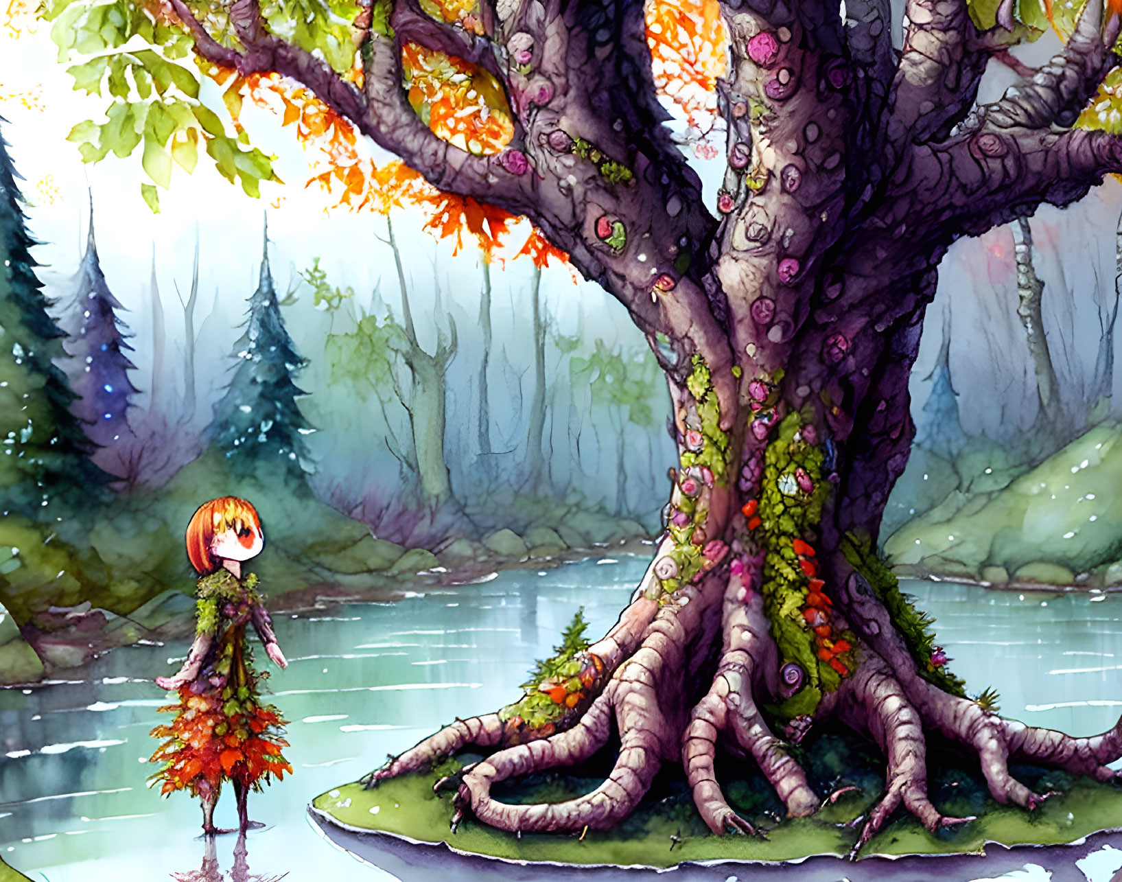 Colorful Illustration: Child-like Figure with Pumpkin Head by Flower-Adorned Tree on Is