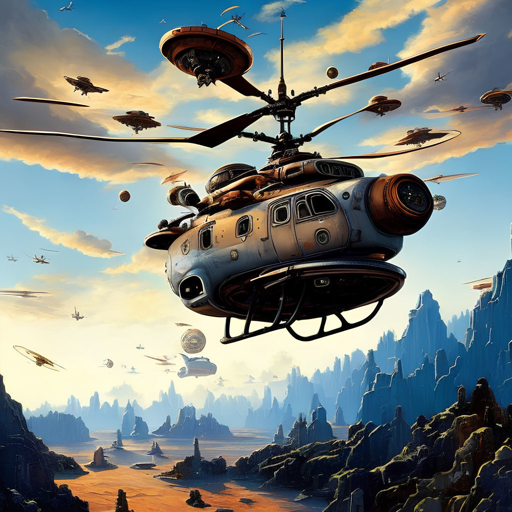 Multiple-rotor helicopter in futuristic rocky landscape with flying vehicles and distant planets