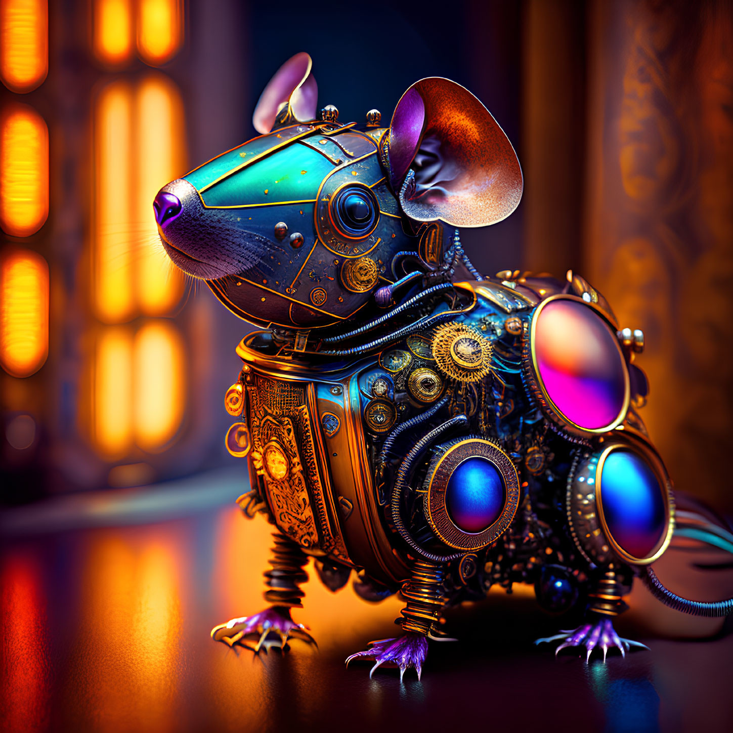 Colorful Steampunk Mechanical Mouse with Glowing Blue Eyes