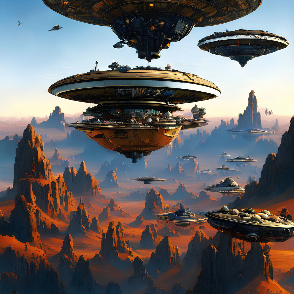 Futuristic floating cities above rocky desert spires with spacecrafts in the sky