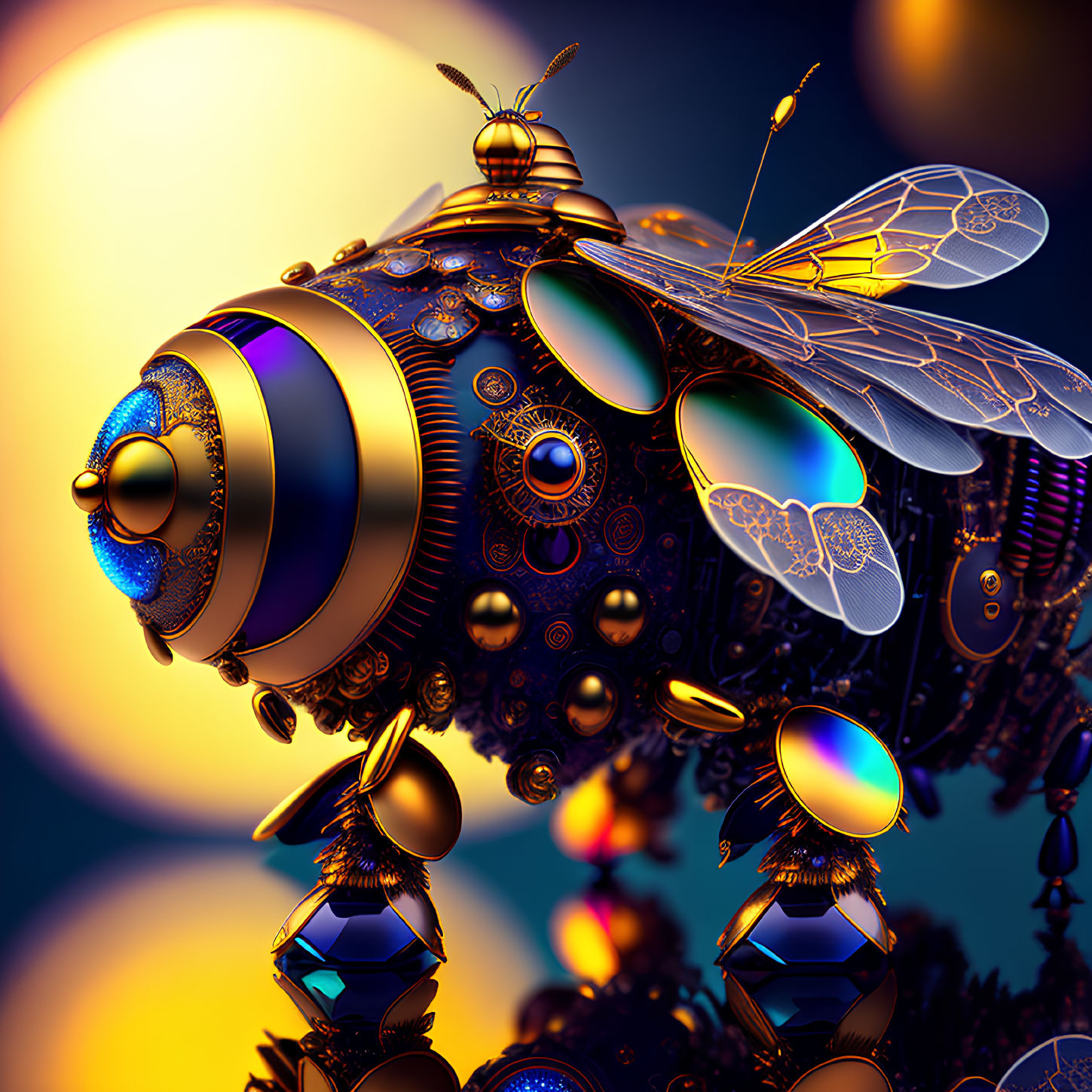 Mechanical bee illustration with intricate gears and jewel-like components on golden sunset backdrop