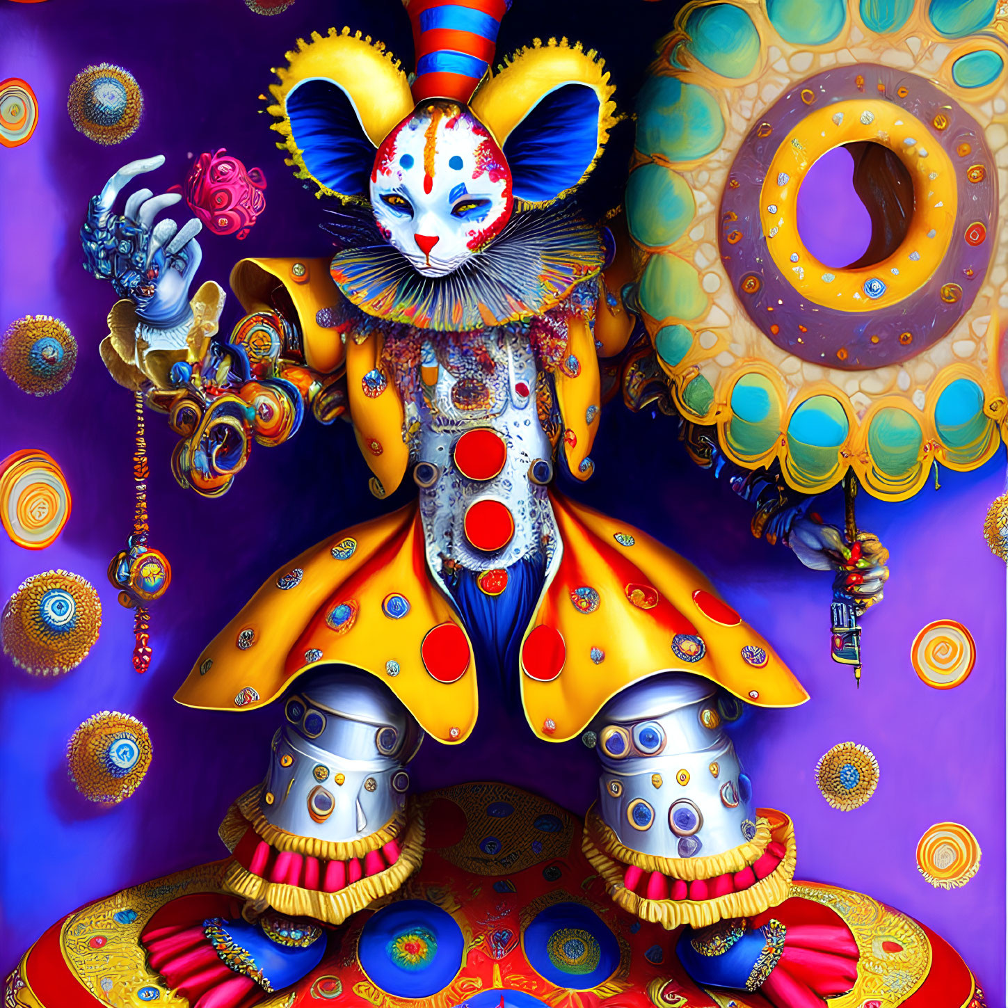 Colorful Clown-Like Figure in Jester Outfit with Abstract Patterns