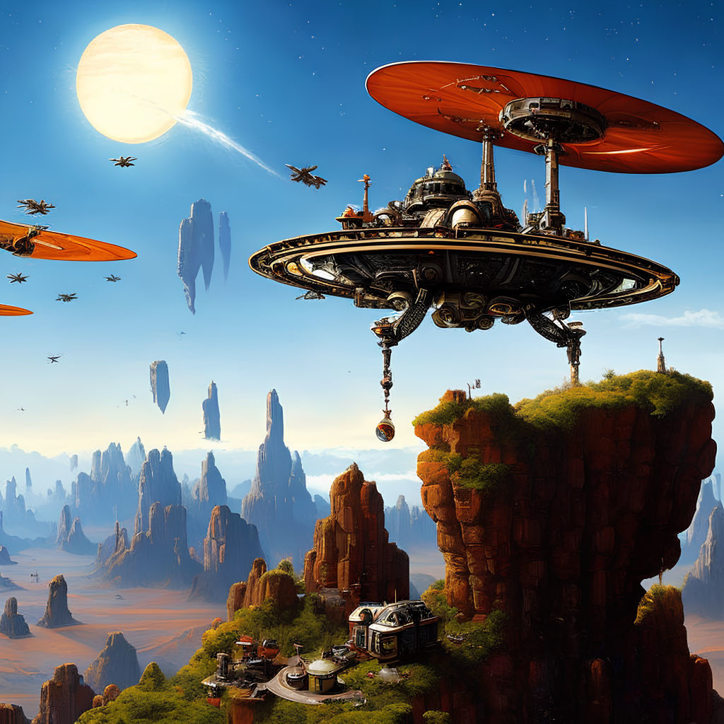 Futuristic cityscape with flying vehicles and towering rock formations under a bright sun and crescent planet