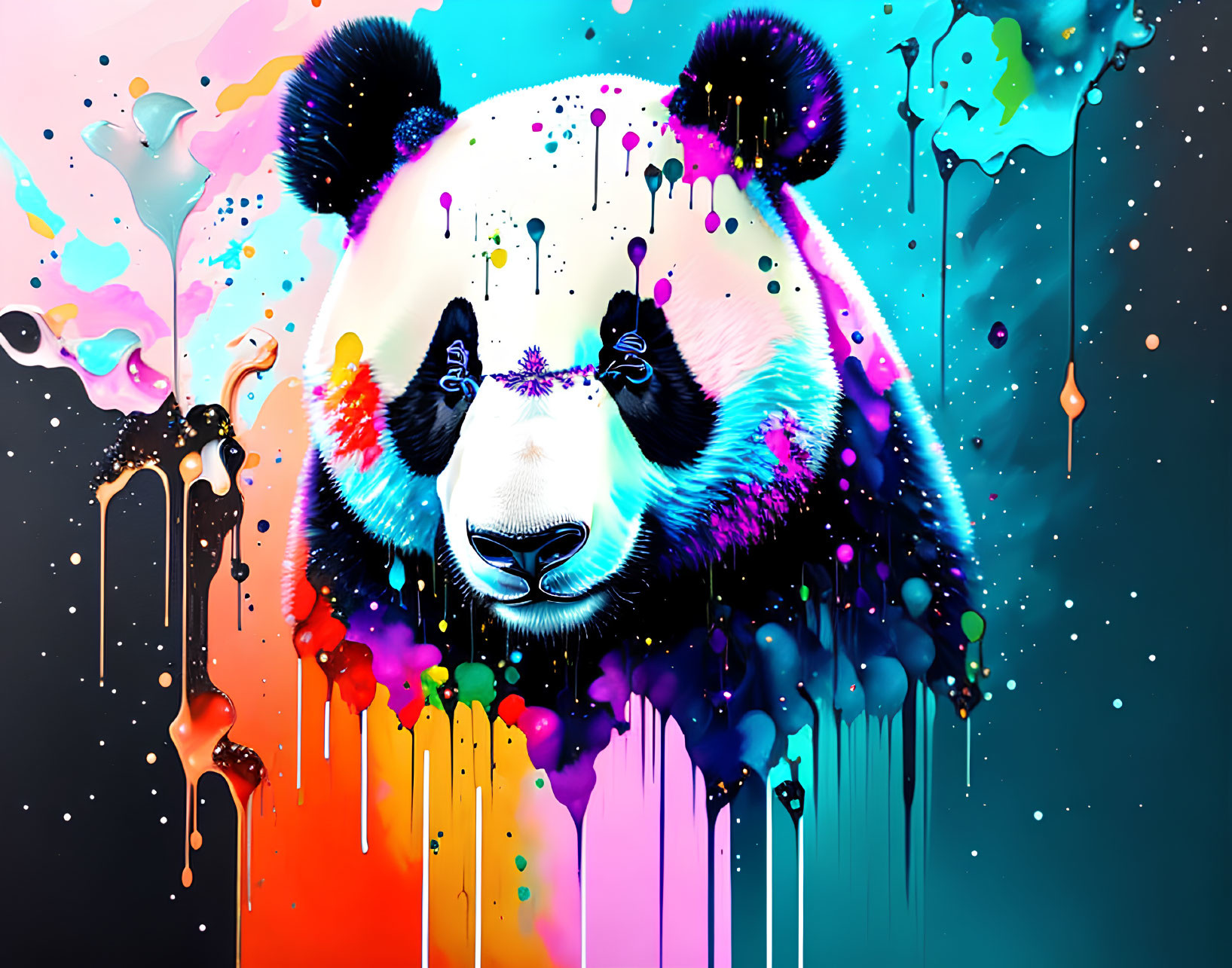 Colorful Neon Paint Dripping Panda Artwork