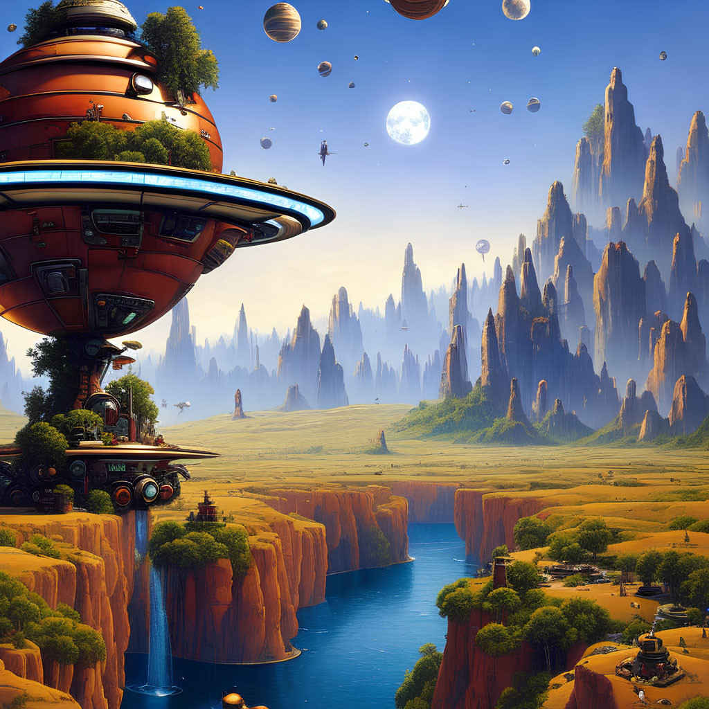 Fantastical landscape with towering rock formations and futuristic city above waterfalls