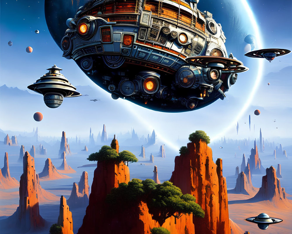 Futuristic spaceships over desert landscape with red rock formations