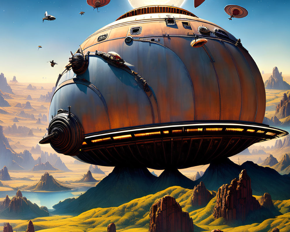 Large spherical spaceship lands on grassy plain with desert mesas and flying crafts under vast sky.