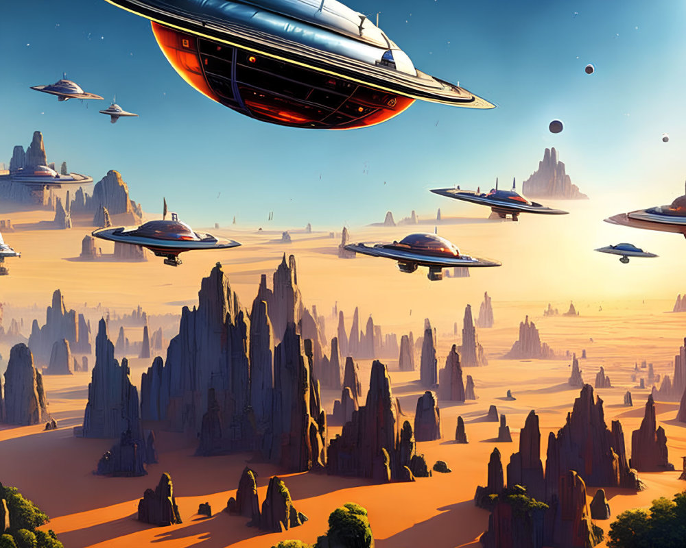 Futuristic flying saucers over desert landscape with rock formations